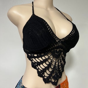 Beautiful Handmade Black Bikini Halter Top, Knitting Crochet Crop Top Crochet Bralette Summer Beach.