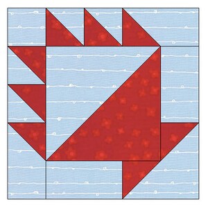 May include: A red and white quilt block with a geometric design. The block is made up of triangles and squares, and the red fabric has a small white floral pattern.