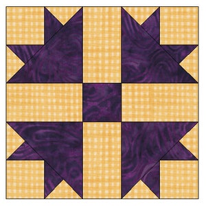 May include: A quilt block with a yellow and purple pattern. The block is made up of squares and triangles. The yellow squares have a checkered pattern. The purple squares and triangles have a swirling pattern.