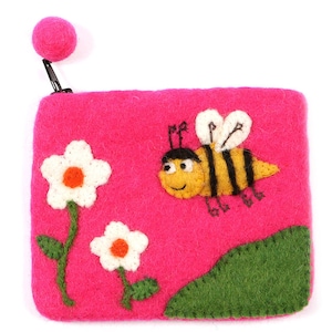 Bee Flower Pink Handmade Felt Purse