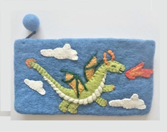 Dragon Handmade Felt Pencil Case Blue