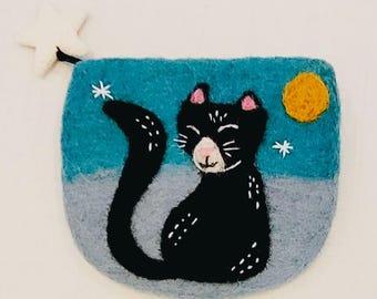 Black Cat Handmade Felt Small Purse Grey/Blue