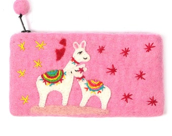 Llama Handmade Felt Pencil Case Pink