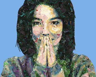 May include: A portrait of a person with dark hair, wearing a blue and green patterned shirt. The person is covering their mouth with their hands.