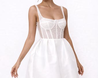 Minikleid mit breiten Trägern, offenem Rücken im Korsett-Stil und ausgestelltem Rock – perfekt für standesamtliche Trauungen, Abendveranstaltungen und Abschlussbälle | Größen XS bis 3XL & Maßanfertigung | Elegantes kurzes Kleid