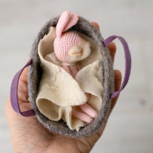 Set little pink rabbit pets + wool blanket + felted basket, toy for custom Blythe doll, felted funny little  bunny lovely gift