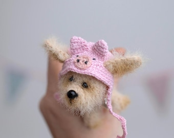 Miniature Handmade Dog with leash + Removable Animal Hats: fox, pig, cat, Collectible Doll Accessory