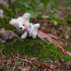 May include: A small white crocheted dog toy with a pink leash. The dog is wearing a white and pink crocheted vest. The toy is sitting on a bed of moss and pine needles.