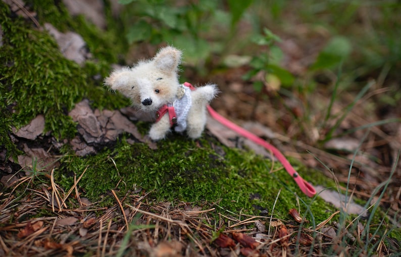 May include: A small white crocheted dog toy with a pink leash. The dog is wearing a white and pink crocheted vest. The toy is sitting on a bed of moss and pine needles.