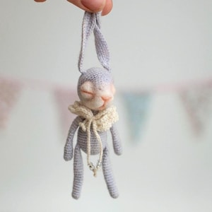Sleeping  gray  bunny in collar,   companion for custom Blythe doll , felted  little bunny, accessories, gift for doll collector.
