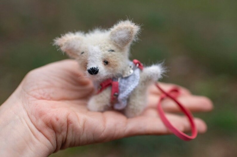 May include: A small, white and brown, needle felted dog wearing a red and white harness and a leash.