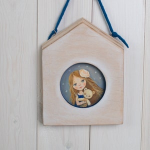 Wood house art,Girl and bear,  Gift for baby room, Girls Nursery Decor,