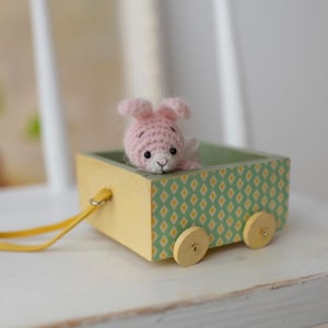 Set miniature pink rabbit  + wood wagon, toy for custom Blythe doll and ob11, ooak doll, bunny lovely gift, collectible miniature bunny toy,