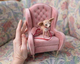 1:6 scale doll chair, Blythe doll, ooak doll Armchair made of pink velvet,  dollhouse furniture. Only the chair,  no dog.