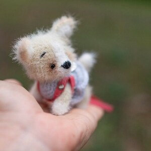 May include: A small, crocheted dog toy with white and brown fur, wearing a red and blue vest. The toy is being held in a person's hand.