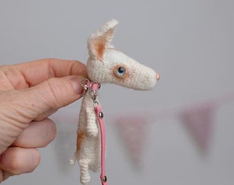 Miniature felted white dog on a leash, Blythe Doll Pet, accessories, friend and companion