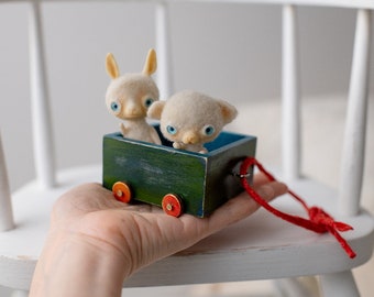 Felted set toy cat and lama in the cart miniature funny animals needle felted toy