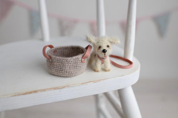 Miniature Dog puppy in Basket, custom Blythe Doll Pet, Companion, Friends