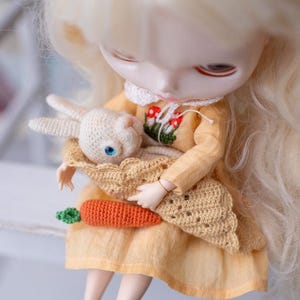 Blythe set little white rabbit + blanket +carrot, toy for custom Blythe doll, felted funny little  bunny, funny rabbit pets lovely