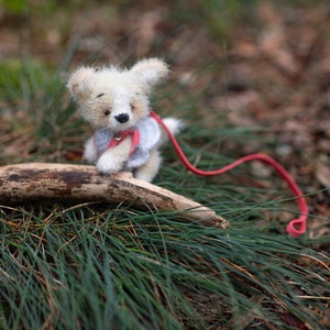 May include: A small, white, plush toy dog wearing a blue and white dress and a red leash. The dog is sitting on a branch in a grassy area.