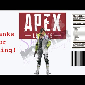 Pode incluir: Um rótulo vermelho e branco com o texto "Apex Legends" e um personagem de desenho animado segurando uma arma. O rótulo também inclui uma tabela de informações nutricionais com o texto "Calories from Love: 200%".