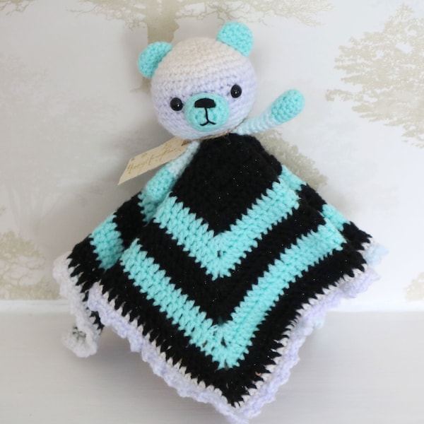 Handmade Crochet Bear - Peppermint - Amigurumi - Turquoise and Black Baby Comforter Soft Toy Plush Stuffed Animal - UK