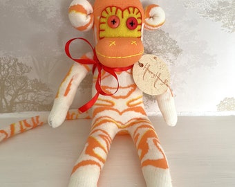 Handmade Sock Monkey UK - Citrus - Plush Soft Toy - Happy Cute Adorable Monkey Decor - Shelf Sitter - Orange Swirl