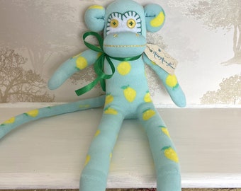Handmade Sock Monkey UK - Lemon - Plush Soft Toy - Happy Cute Adorable Monkey Decor - Shelf Sitter