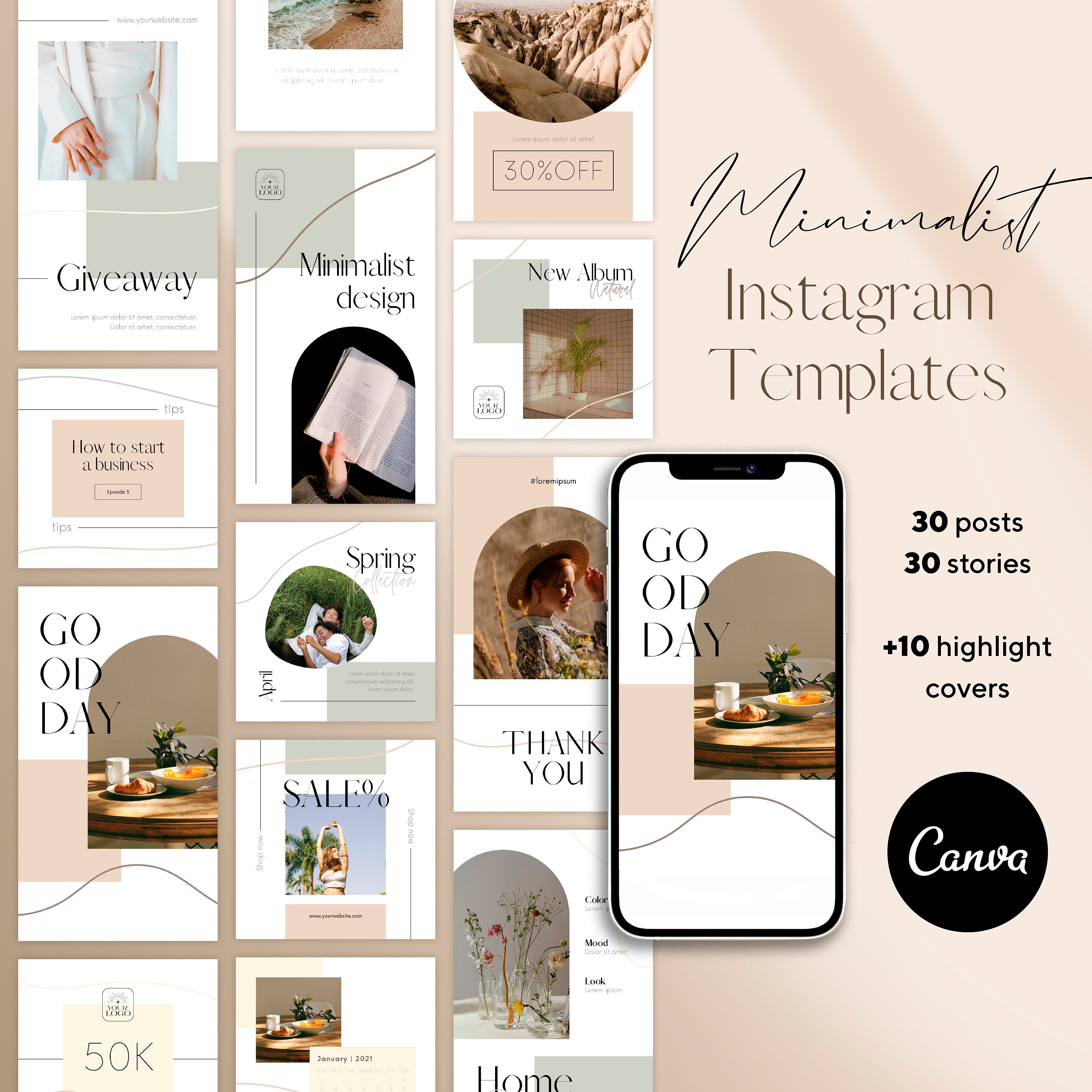 Minimalist Instagram Templates, Earth Tones, Canva (digital Download ...