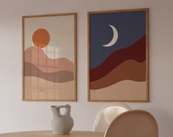 Arte de pared de sol y luna, juego de 2 impresiones, arte de pared bohemio, regalo de descarga digital, paisaje, impresión de sol y luna, juego de dos impresiones de descarga digital
