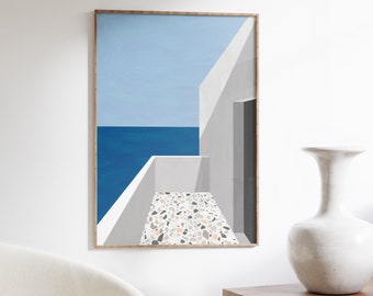 Santorini Architecture Print, Blue Aegean Sea View (Digital Download)