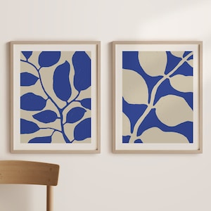 Abstract Art Print, Set of 2 Blue and Beige Wall Art, Royal Blue Art, Botanical Drawing, Minimalist Print, Blue Shapes, Digital Download