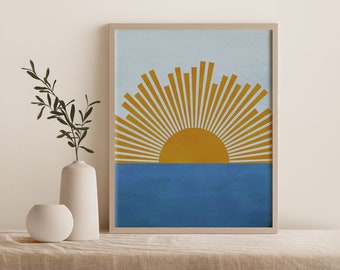 Impresión de mar con rayos de sol, arte mural moderno de mediados de siglo (descarga digital)