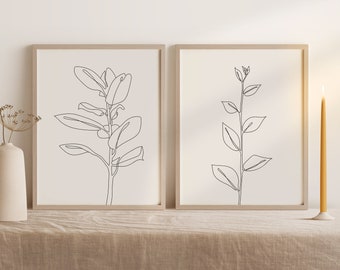 Botanical Line Art Print Set of 2, Minimal Line Drawing Wall Art, Minimalist Floral Print Set of Two Plants Line Art Downloadable Art Prints