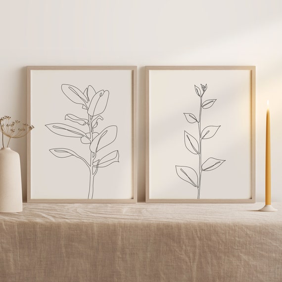 Botanical Line Art Print Set of 2, Minimal Line Drawing Wall Art, Minimalist Floral Print Set of Two Plants Line Art Downloadable Art Prints