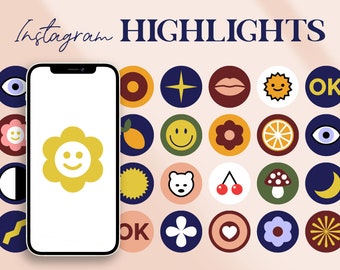 May include: A smartphone screen displaying a yellow flower icon with a smiley face. The phone is surrounded by a grid of colourful icons, including a sun, a star, a heart, a flower, a mushroom, and a crescent moon. The text "Instagram HIGHLIGHTS" is at the top of the image.