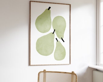 Birnen Kunstdruck, Küche Wanddekor, Obst Wandkunst, grüne Küche Poster, druckbare trendige Kunst, herunterladbare Kunst
