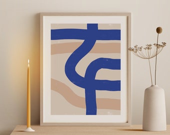 Impresión de arte abstracto de línea azul, decoración minimalista (descarga digital)