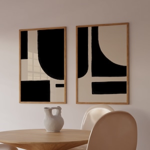 Conjunto abstrato de 2 estampas, conjunto de estampas geométricas abstratas, arte moderna em parede, arte em preto e branco, decoração de meados do século, impressão para download