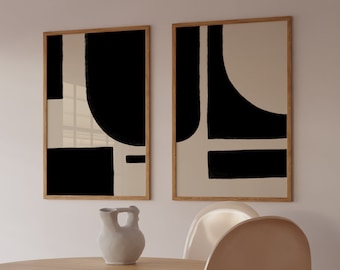 Abstraktes Set von 2 Drucken, abstrakte geometrische Drucke, moderne Wandkunst, Schwarzweiß-Kunst, Mid Century-Dekor, herunterladbare Drucke