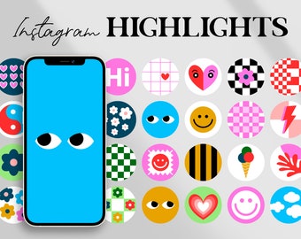 May include: A blue phone screen with two eyes on it. The phone is surrounded by colourful Instagram highlight icons with various designs, including hearts, flowers, smiley faces, and checkered patterns. The text "Instagram HIGHLIGHTS" is at the top of the image.