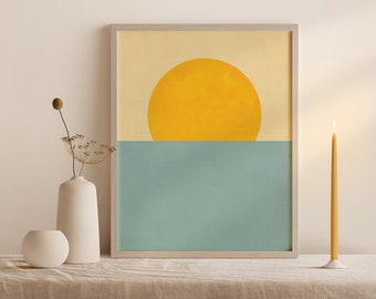 Abstract Sun Print, Minimalist Sun Wall Art, Blue and Yellow Modern Art, Sun over the Sea Print, Sun Poster