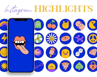 May include: A blue phone screen with the text "Instagram Highlights" in yellow and white. The phone screen is surrounded by 25 colourful circles, each containing a different icon. The icons include a rainbow, a lightning bolt, a basketball, a star, a chain, a ghost, cherries, a rock and roll hand gesture, a skateboard, a Pac-Man, a record, a daisy, a donut, a balloon animal, a peace sign, a planet, a popsicle, a cartoon bird, dice, a diamond, a sun, a pizza slice, a spade, and a padlock.