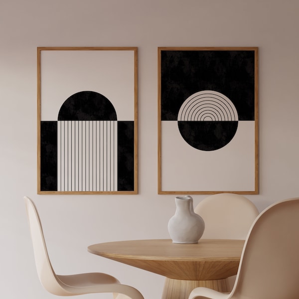 Mid Century Modern Art Set of 2, Abstract Geometric Print Set, Modern Wall Art, Black and White Art, Mid Century Decor, Digital Download