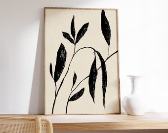 Beige schwarze botanische Wandkunst, herunterladbare Blumen-Wandkunst, Vintage-Dekor, Linienkunst, abstraktes Blumenposter, neutrale druckbare Kunst