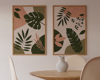 Lámina botánica de hojas verdes, arte abstracto para pared (descarga instantánea)