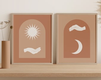 Zon en maan kunstafdrukken, boho celestial decor (digitale download)
