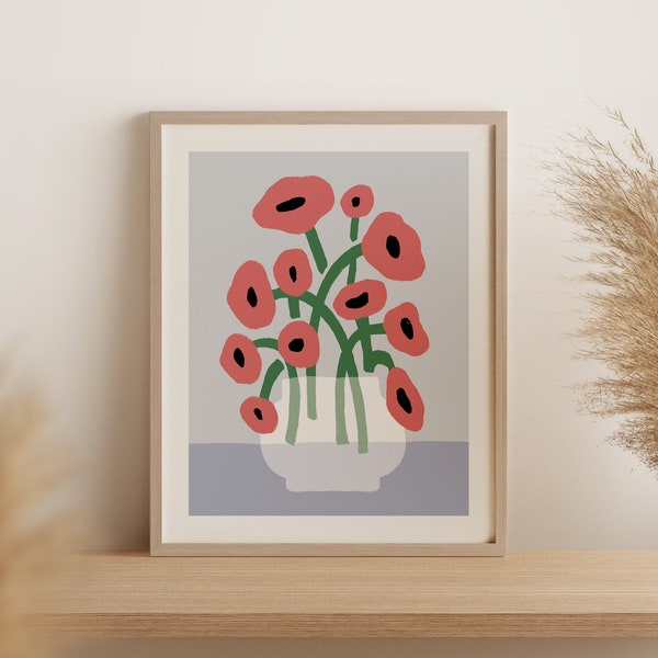 Red Poppies Art Print, Poppy Flowers Wall Art, Floral Illustration, Flower Poster, Abstract Poppies Print