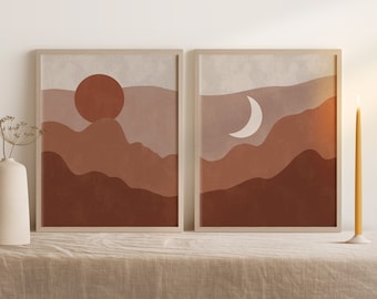 Zon- en maanlandschapsprintset, boho-muurkunst (digitale download)