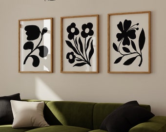 Blumen Art Illustration, 3er Set Drucke, botanische flache Kunst, Blumen Wandkunst, Blumenstrauß Wandkunst, Minimale Blumendrucke